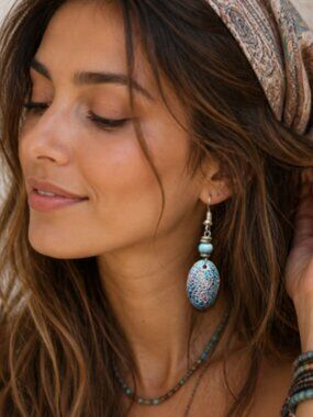Clay Cult Cambodia Teal & Copper Ceramic Mandala Drop Earrings NWT